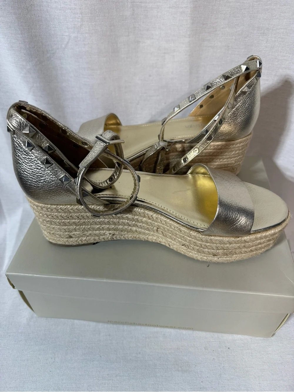 Marc Fisher Metallic Gold Espadrille Wedge Sandals with Studded Ankle Straps 9.5